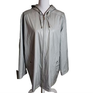 Vintage Komitor Silver Hooded Rain Coat Sz 1X Zip-Up Utility Windbreaker Jacket